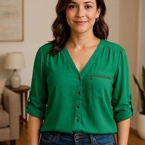 Papermoon Sea Green V-Neck Button-Front Chiffon Blouse 3/4 Sleeves size M